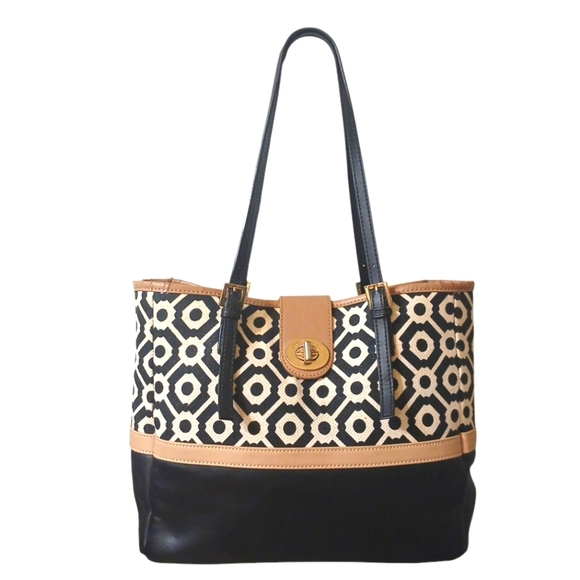 Spartina 449 Black and White Leather and Linen Shoulder Bag Tote - Picture 3 of 15